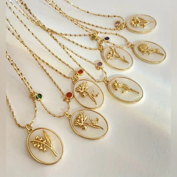 Birth Flower Necklace in  Oval White Shell Pendant - Picture 1 of 9